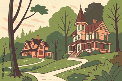“Eureka Springs Arkansas Victorian homes and forest, romantic vector”