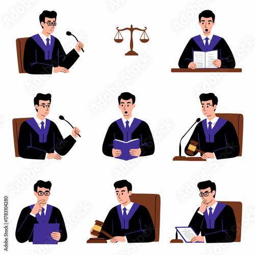 Judge Character Vector Set: Presiding over Court, Reading Documents, and Using a Gavel, Featuring Scales of Justice Iconography.
