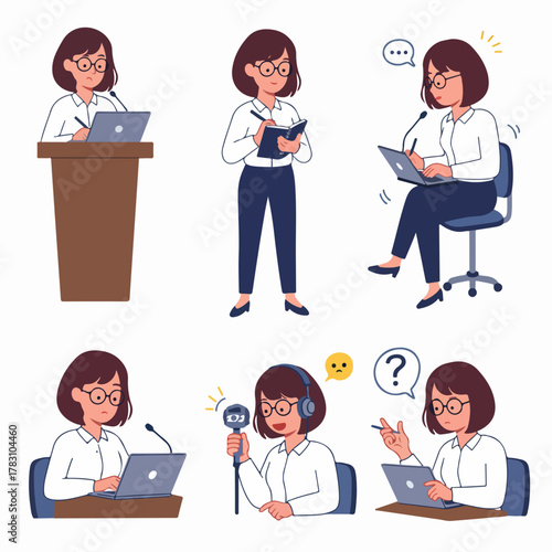 Collection of female reporter or journalist character illustrations engaging in media work, communication, interviews, and public speaking duties.