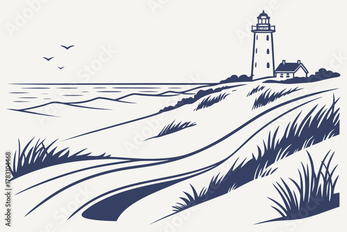 “Lake Michigan dunes and lighthouse, minimalist vector”
