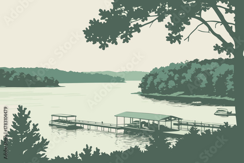 “Lake Lanier with docks and forest, soft tones”