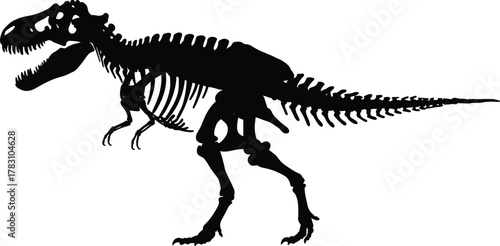 Tyrannosaurus rex skeleton silhouette, dinosaur fossil vector, prehistoric animal bones, black T. rex profile, paleontology illustration, extinct species clipart