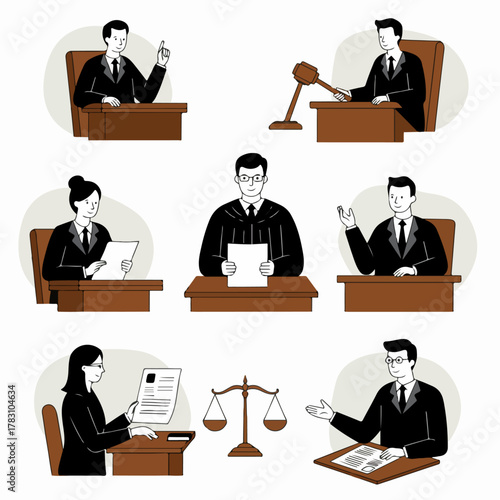 Set of legal profession illustrations featuring judges, lawyers, and justice symbols like the gavel and scales in a minimalist flat design.
