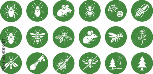 Green ecology icons set, insect pest control, plant protection, environmental symbols, biodiversity conservation, nature silhouette vector for science, farming, education