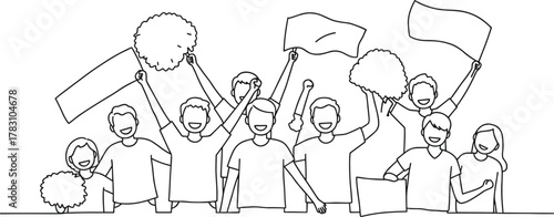 Protest crowd illustration, activist people holding blank signs, unity demonstration, political rally vector, social movement, black and white line drawing, placards