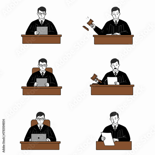 Set of vector illustrations depicting a judge performing various duties, including using a gavel, working on a laptop, and reviewing legal papers.