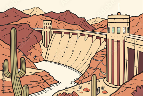 “Boulder City Nevada dam and desert, clean vector”