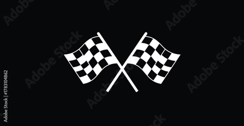 Crossed checkered racing flags icon, black and white finish line symbol, motorsport competition vector, speed race emblem, isolated on black background