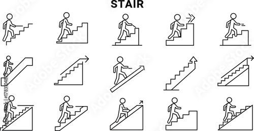 Stair and escalator icon set, walking up and down stairs, people on steps, minimal line style, urban mobility signage vector illustration