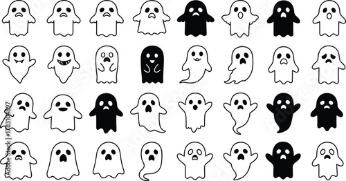 Cartoon ghost character set, spooky cute Halloween spirits, black and white expressions, emotive ghost icons, fun scary clipart for kids
