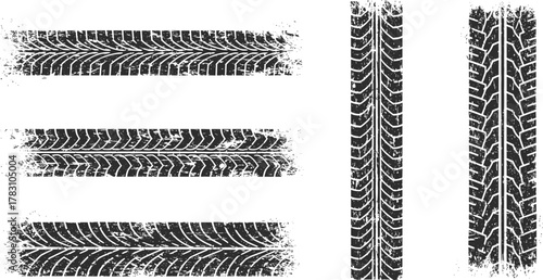 Tire tread imprint vector set, black rubber track patterns, horizontal and vertical wheel marks, automotive texture design for mechanic, transport, racing themes