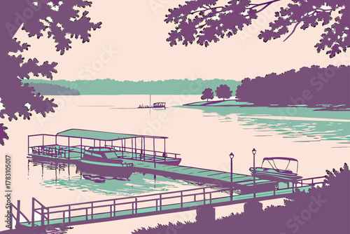 “Lake Lanier with docks and forest, soft tones”