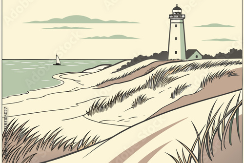 “Lake Michigan dunes and lighthouse, minimalist vector”