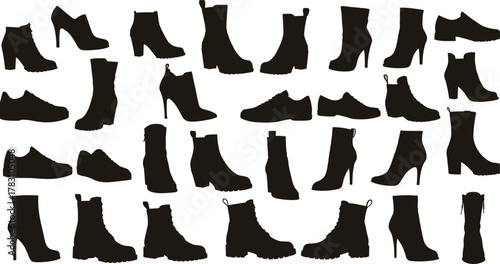Footwear silhouette collection, black shoe icons, fashion boots, high heels, dress shoes, vector set for apparel, retail, catalog, design, branding