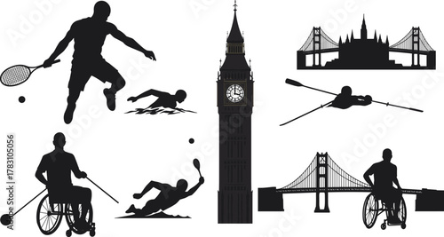 Inclusive sports silhouettes, London landmarks, Big Ben, Tower Bridge, Golden Gate, wheelchair athletes, Olympic spirit, international unity, vector illustration, black and white