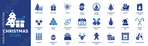 Christmas - Icon Collection. Thin Line Set contains such Icons as gift box, snow, santa claus, snow globe, christmas tree, sleigh, christmas card, 25 december, snowman, and more. Simple web icons set.