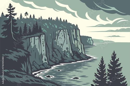 “Lake Superior cliffs and pine forest, moody vector”
