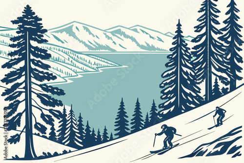 “Lake Tahoe ski slopes and lake view, alpine vector”