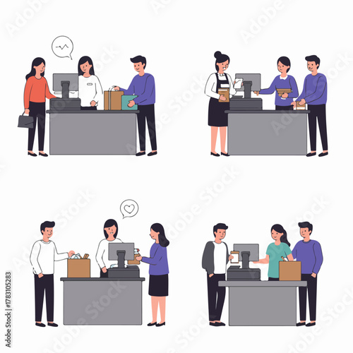 Illustrations of customers and cashiers completing transactions and receiving purchases at the retail store checkout counter.