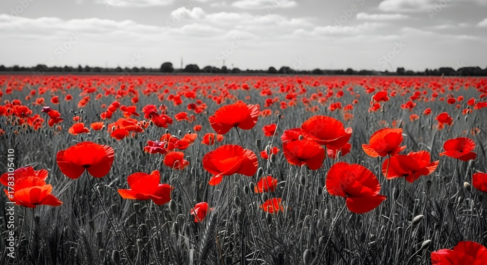 Obraz premium Summer red poppy field in full bloom against a blue sky in the rural countryside landscape