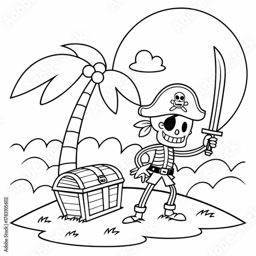 Pirate Skeleton & Treasure Island Coloring Page