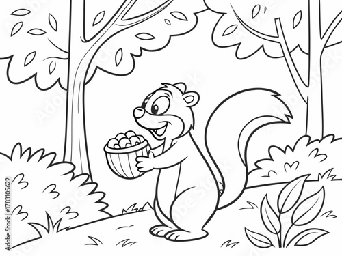 Squirrel Coloring Page: Forest Animal Nuts Basket