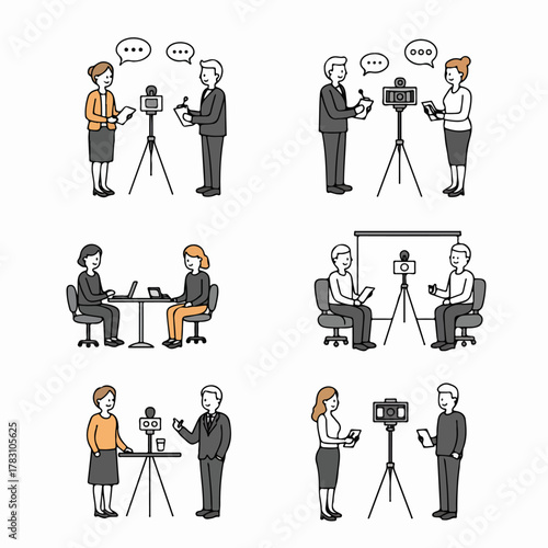 Doodle set of professional interviews, media reporting, business meetings, and communication concepts.