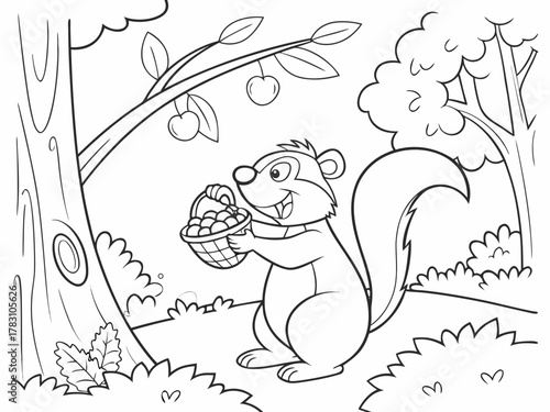 Squirrel Berry Harvest Coloring - Nature Woodland Art