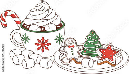 Christmas hot chocolate with cookies and marshmallows drawing