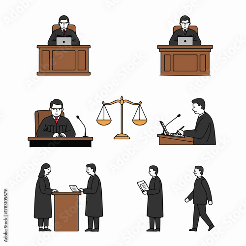 Courtroom procedures and legal professionals illustration set featuring judges, lawyers, and the scales of justice icon on a white background.