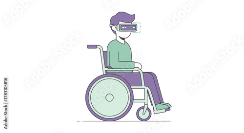 Person in wheelchair experiences immersive virtual reality, exploring new digital worlds and possibilities through VR headset, breaking barriers.