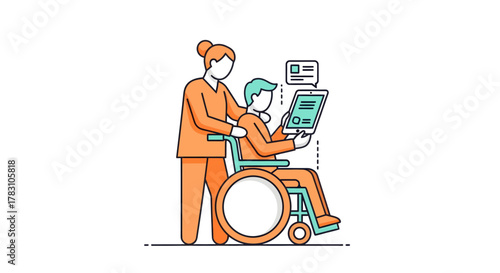 Caring nurse assisting patient in wheelchair with digital tablet, promoting modern healthcare and patient engagement