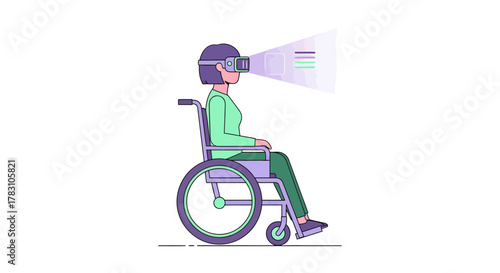 Woman in wheelchair experiences virtual reality, exploring digital worlds and possibilities with innovative headset technology