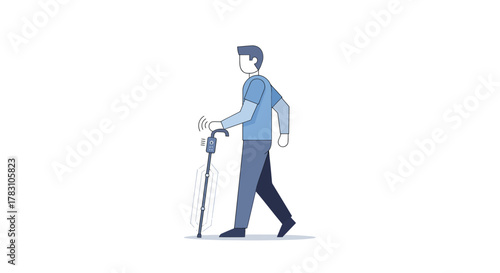 Modern man uses innovative smart cane for enhanced mobility and independence, embracing assistive technology for a fuller life.
