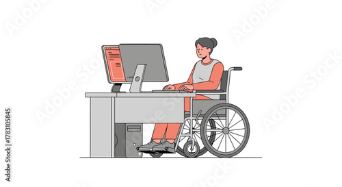 Empowered woman in wheelchair diligently working on computer at modern desk, embracing inclusivity and productivity in professional workspace
