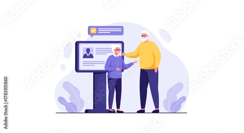 Senior couple exploring online profiles for dating or social connection in digital age, fostering community and new relationships with modern technology