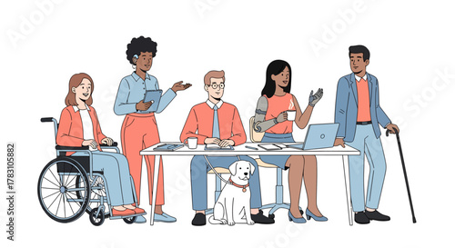 Inclusive workplace showing diverse team in modern office, promoting accessibility and equal opportunity, fostering collaboration and innovation, empowerment