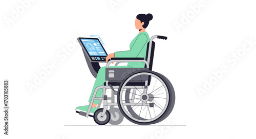 Empowered woman in wheelchair innovates with advanced digital technology, showcasing modern accessibility and futuristic solutions for a connected world