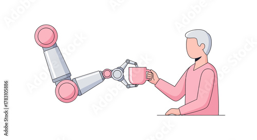 Futuristic tea service with robot arm delivering coffee to relaxed senior, showcasing future tech and aging gracefully with technological assistance