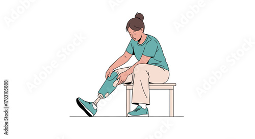 Empowered woman adjusting prosthetic leg, ready for an active day, symbolizing resilience and inclusivity with modern design and a focus on ability.