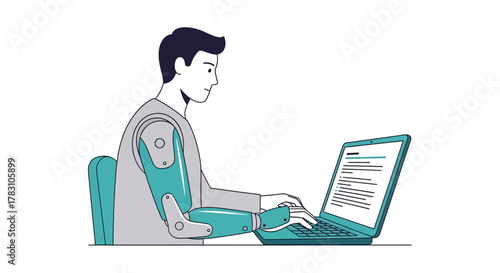 Futuristic worker with robotic arm using laptop in modern workspace, showcasing technology, AI, future of work, and innovation in business solutions