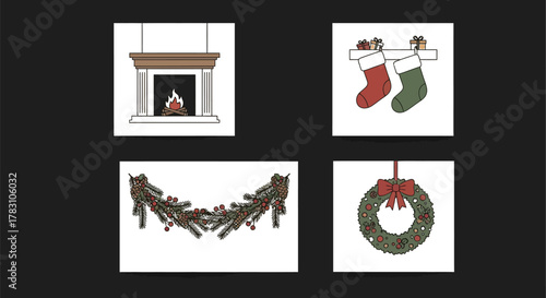 Illustrations of christmas decorations on cream colored cards