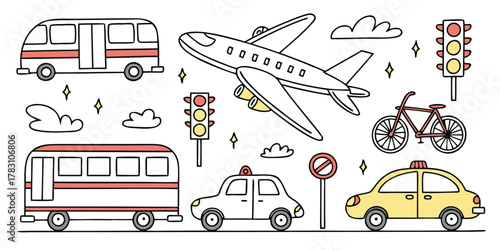 Cartoon doodle collection of various transportation vehicles and traffic elements set design