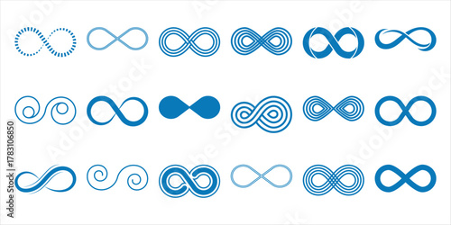 Collection of blue infinity symbols in various designs and styles