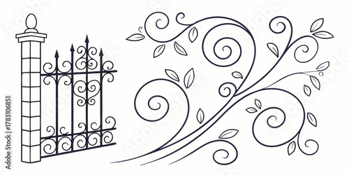 Ornate wrought iron fence segment with decorative pillar and elegant floral swirl vector art