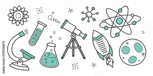 Science exploration doodle collection with laboratory, astronomy, and physics elements set