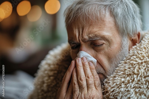 Senior man with a cold sitting and blowing his nose at home, experiencing the symptoms of a cold while managing illness from the comfort of his living space, Generative AI