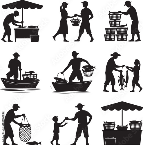Black silhouettes depicting various fishing activities and market scenes