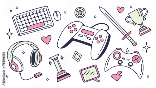 Video game items doodle illustration featuring controllers, keyboard, headset, and trophies