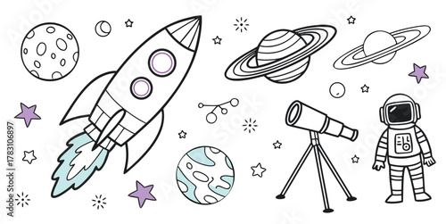 Hand drawn outline space doodle collection: rocket, planets, astronaut, telescope, stars